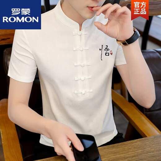 ROMON new summer cotton linen short-sleeved T-shirt for men's stand-up collar Chinese style embroidered large size Tang. Button top Han. Clothing black 9871 stand-up collar short sleeve M