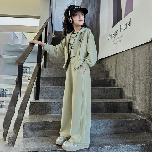 巴莱恩娜韩国女童卫衣套装春秋2025新款洋气儿童运动休闲裤炸街大童三件套 绿色（背心+外套+裤子） 150cm