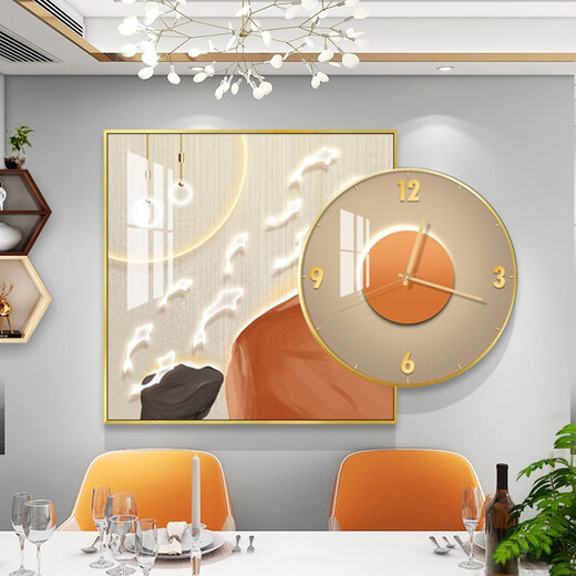 现代轻奢餐厅背景墙带钟晶瓷装饰画抽象大气饭厅组合挂画卧室壁画 TXMG12596 60*60cm+圆直径40cm总长80高雅