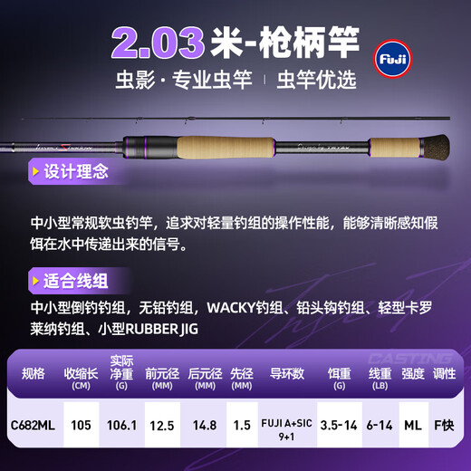 创威虫影路亚竿24新款直柄枪柄碳素鳜鱼鲈鱼超快调黑坑专业虫竿钓鱼竿 2.03m 枪柄虫竿C682ML/富士SIC环
