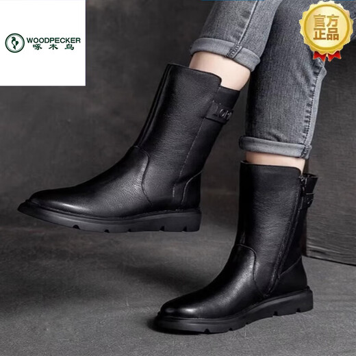 Specht Marke Echtes Leder Retro Martin Stiefel für Frauen 2025 Herbst und Winter weiche Leder sowie Velvet Vielseitig flacher Boden Nicht-Schlupf-Mittelstiefel Schwarze Single 38
