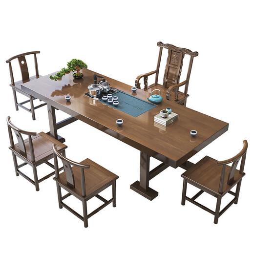 Mesa de té china Aitang de madera maciza, mesa de té de oficina, mesa de té plana de 1,6 metros + silla con sombrero oficial + 4 luna creciente