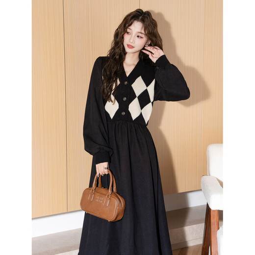 TonLion 2024 black v-neck splicing plaid dress for women retro knitted plaid skirt temperament long skirt black M