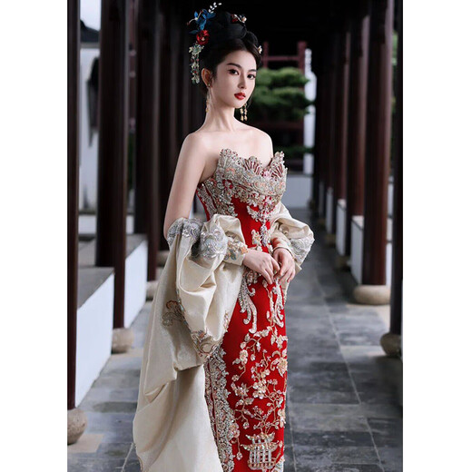 XiUhe Familie [Orientaler einfacher außergewöhnlicher Stil] Toastwear Cheongsam 2025 Neues chinesisches Stil trägerloses Hochzeitskleid Phoenix Crown Robe N-869 Luxus (Cheongsam) s