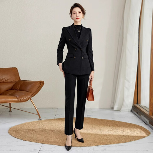ROMON high-end professional suit suit for women, thick temperament, autumn and winter work clothes, hotel manager gray casual suit, navy blue suit + trousers M