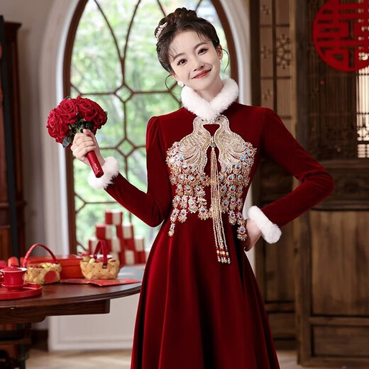 Li Baixin Chinese Cheongsam Toast Wear Bride 2025 Long Sleeve Red Out-of-Pavilion Wedding Return Engagement Dress Thickened Autumn and Winter Burgundy M Recommended 90-100Jin Jin is equal to 0.5 kg