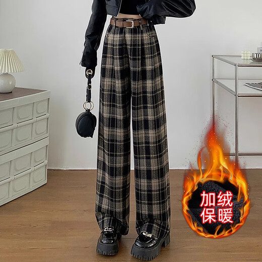 序匠加绒毛呢阔腿裤女秋冬季新款高腰垂感加厚休闲拖地直筒格子裤 咖啡色单款9221 L  推荐108-120斤选