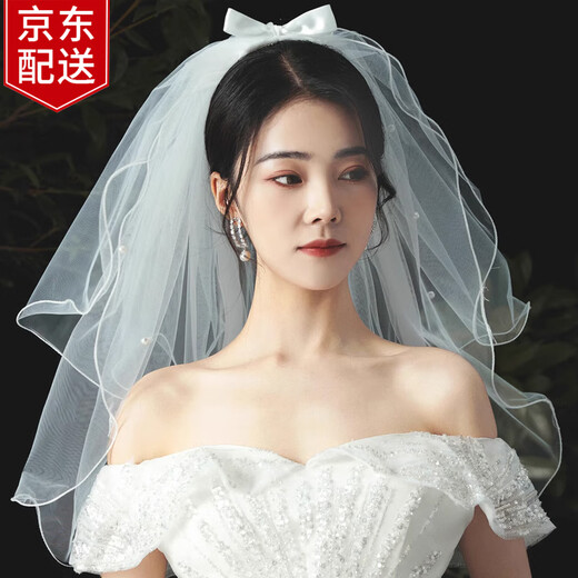 BBS Veil Proposal and Certificate Bride's Confession Photography Birthday Chinese Valentine's Day Bow Pearl Photo Photo Props Double-layer Pearl Veil-Hair Comb Type