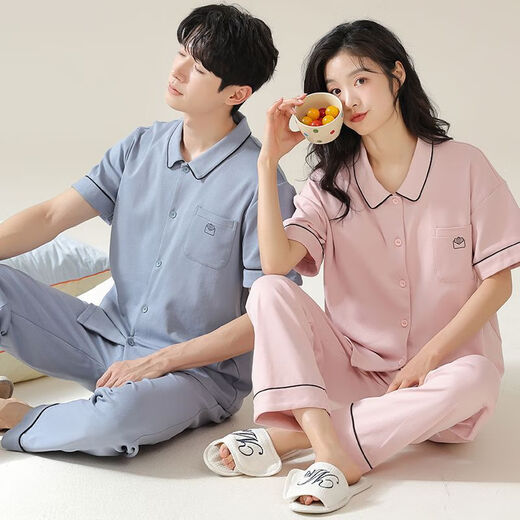 Manzhizhuang couple pajamas short-sleeved trousers for men cool pure cotton summer thin female parents can wear home clothes suit autumn 12605 single female L (recommended 100-120 Jin [Jin equals 0.5 kg])