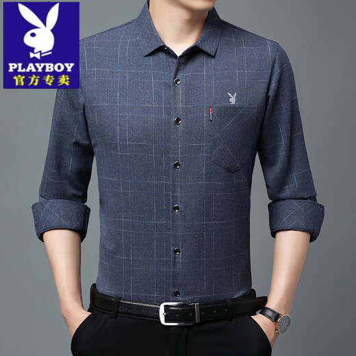 PLAYBOY (Playboy) Sitio web oficial de la marca de mediana edad para hombres de manga larga algodón a cuadros de algodón a cuadros Free Ironing Business Cashdy Daddy Daddy Top de manga larga 6626 Blue L 170/50 120-140Jin [Jin equivale a 0.5 kg]