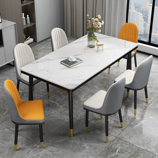 虞萌馨迪岩板餐桌家用小户型现代简约轻奢吃饭桌子长方形大理石餐桌椅组合 雪山白12140*80餐桌+六椅