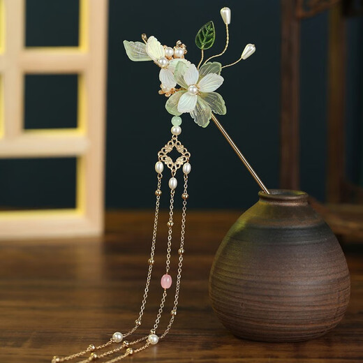 KERLA Hanfu headdress super fairy girl tassel hairpin complete set of ancient style accessories step rocker hairpin comb green suit (ear clip Lily of the valley suit (ear clip style)