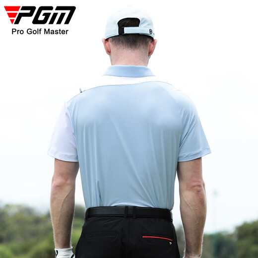PGM高尔夫服装夏季男士短袖 运动T恤 不对称袖子拼接 golf男上衣 YF682-冰晶蓝【上衣】 L
