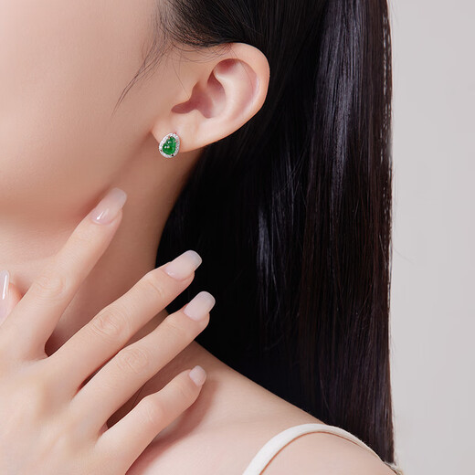 Chao Acer Light Chasing Gourd Round Jadeite S925 Silver Earrings Women's Silver Earrings Ice Type Gift for Girlfriend's Birthday Gourd One Pair Contains Silicone Ear Plugs