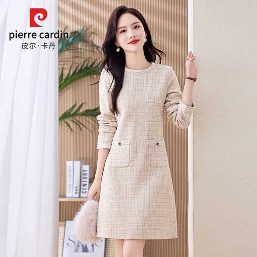Pierre Cardin 2024 new autumn and winter style, elegant and slim, small fragrant mid-length dress for women, fashionable inner skirt, rice plaid M (80-105Jin Jin is equal to 0.5kg)
