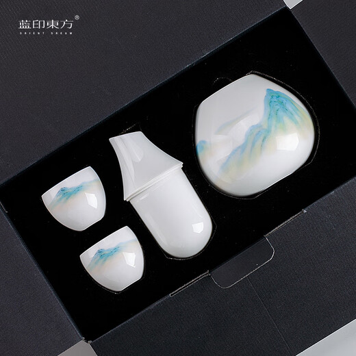 Blue printed Oriental Jingdezhen ceramic wine warmer set for home Chinese style wine warmer white wine cup wine divider ice wine jug Chunlu-Qianlijiangshan wine set