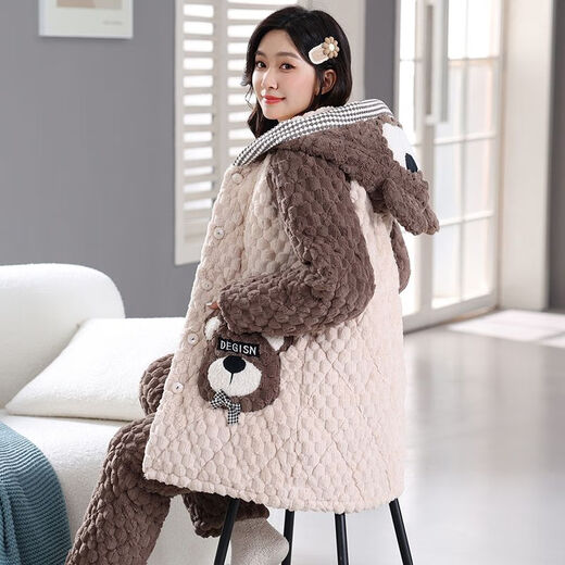 GTYUWVG湖南省省服女冬天珊瑚绒加厚加绒三层夹棉袄法兰绒秋冬季大码家居 hl6636蓝色-中长.款 M  推荐80-100斤