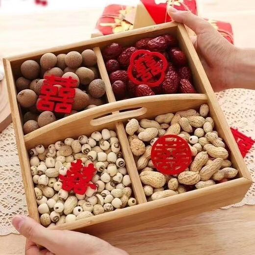 Runhuanian dried fruit box, engagement, high-end living room decorations, housewarming, candies, melon seeds, compartmentalized snacks, wedding, early birth, four-compartment plate, red four-compartment suitcase + gift + red ribbon, order, lightning delivery