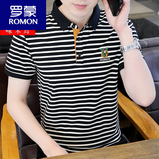 Romon kurzärmeliges T-Shirt für Herren-Sommer-Eis Silk-Polo-Hemd gestreiftes Stick-Revers-T-Shirt atmungsaktives halbärmeliges Top 6626 Khaki M [80-100jin [Jin ist gleich 0,5 kg]]