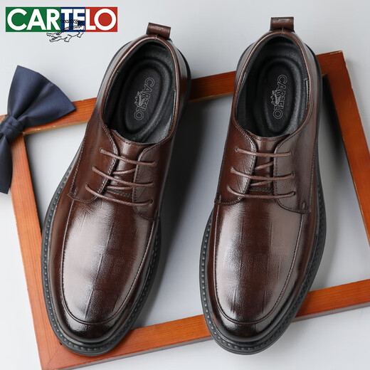 CARTELO plaid men's leather shoes wear-resistant soft cowhide casual leather shoes men's business round toe thick-soled men's shoes 9672 brown 41