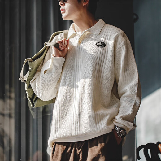 Maden workwear American casual jacquard knitted polo shirt college style texture lapel pullover sweater men autumn and winter dark gray S
