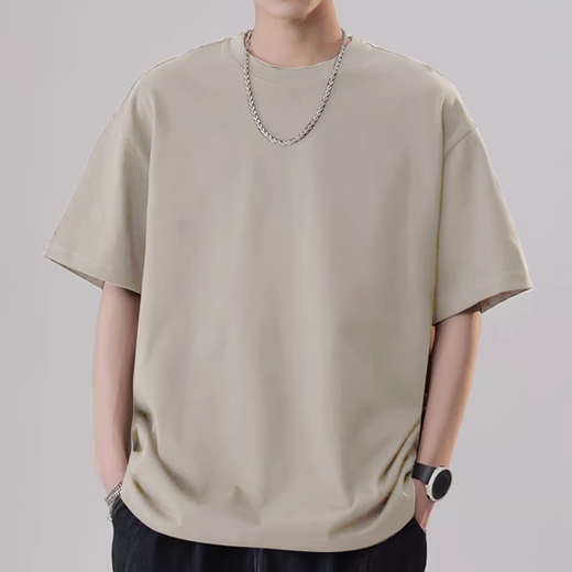 Homlean loose solid color short-sleeved T-shirt for men in spring and summer pure cotton comfortable basic style bottoming OM5 khaki XL