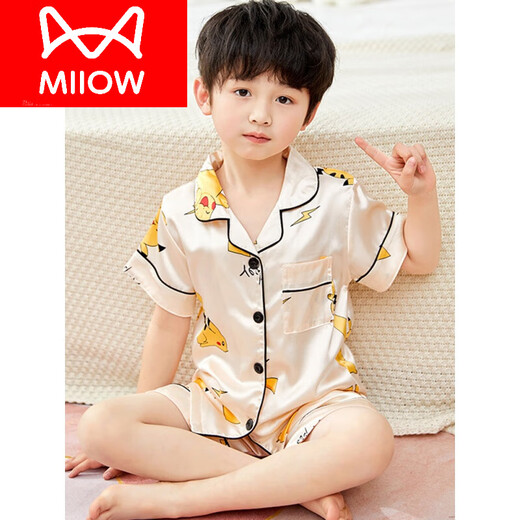 Cat Man (Miiow) Kindereisempfindungs Junge dünner Sommer Kurzarm Junge Seidenpyjamas Frauen Seiden Sommer Baby Klima
