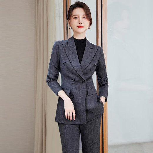 ROMON high-end professional suit suit for women, thick temperament, autumn and winter work clothes, hotel manager gray casual suit, navy blue suit + trousers M
