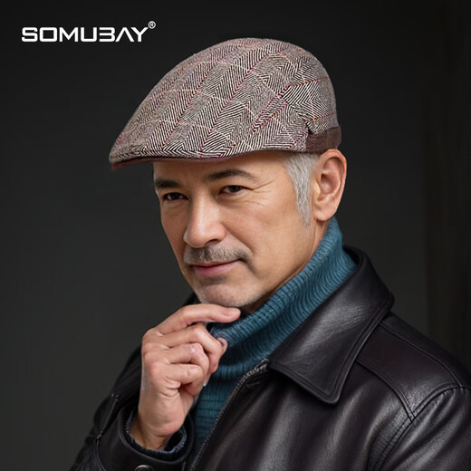 SOMUBAY beret men's classic fashion retro British style forward hat middle-aged and elderly peaked cap elderly grandfather hat plaid coffee color one size fits 56-60CM