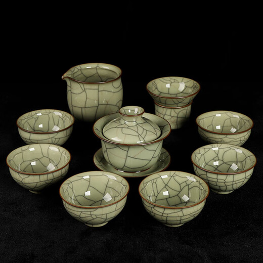 ROYHOYE Wangwu celadon complete set of exquisite hand-me-down Ge kiln kung fu small teacup tea set gift box set ceramic ice crack covered bowl Hand-me-down Ge kiln 10 pieces