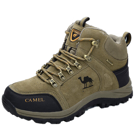 Camel dynamic broken code winter camel men's shoes genuine leather and velvet warm high-top hiking shoes waterproof outdoor sports large cotton shoes 028 khaki 42