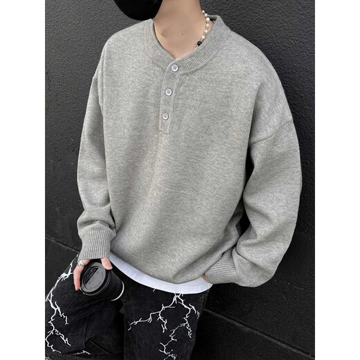 POUM gray Henry collar sweater men's autumn and winter style bottoming sweater lazy style loose casual jacket XZWP-D66 light gray M