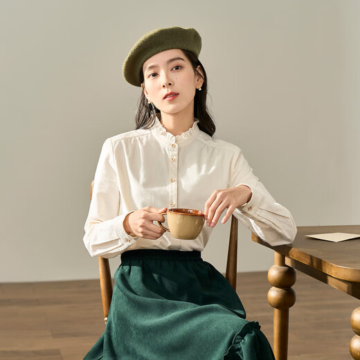 Yinmandong Women's Retro Style Pastoral Ruffled Stand Collar Metal Button Retro Versatile Long Sleeve Shirt Beige-M