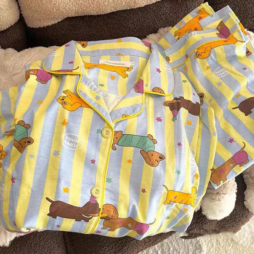 Wanmanduo Internet Promi Cartoon Dachshund Hund Pyjamas für Frauen im Frühling und Herbst langärmelte 2025 neue süße und niedliche Streifen-Strickjacke Hauskleidung 9274# Doppelte lang gestreifte Kaninchen M 75-100jin [Jin gleich 0,5 kg]