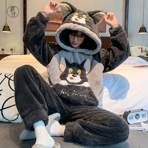 Simple direction men's pajamas autumn and winter coral velvet thickened flannel youth cartoon large-size winter home clothing set 3897 bear thin style 10XL small size m150cm/90Jin[Jin equals 0.5 kg]