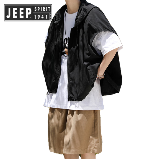JEEP SPIRIT吉普日系潮流速干马甲男款夏季工装背心宽松连帽叠穿无袖外套 黑色 L