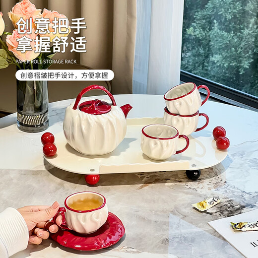 Zunmousse ceramic water set, household high-looking living room hospitality cup, teapot, kettle, housewarming gift, new home gift, pleated cup and pot set, 1 pot, 4 cups, 4 dishes, 1 tray