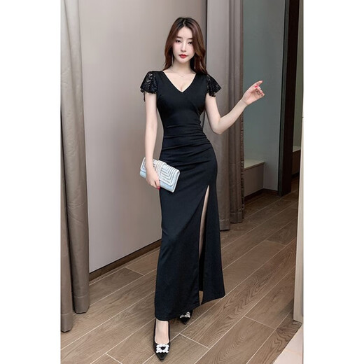 Temperamento de Kun Linyi Sauna Vestido sexy con ropa de baño larga y trabajo de masaje Vestido de noche delgado y delgada Técnico de masaje Técnico 3882 Black XL