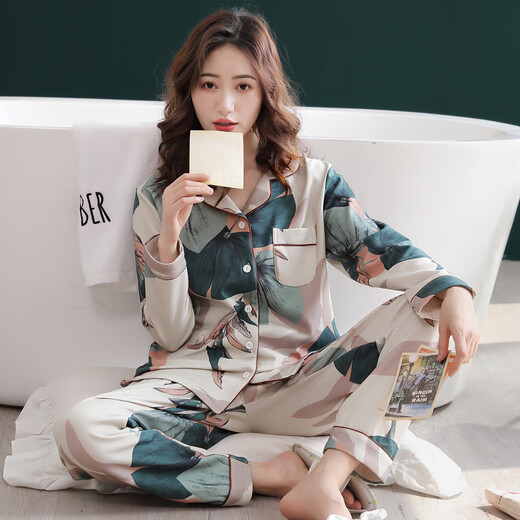迪莱芬睡衣女纯棉长袖春秋季休闲开衫家居服全棉冬季薄款加大码女士套装 XEQ-9906女 M 码 建议穿着体重80-105斤