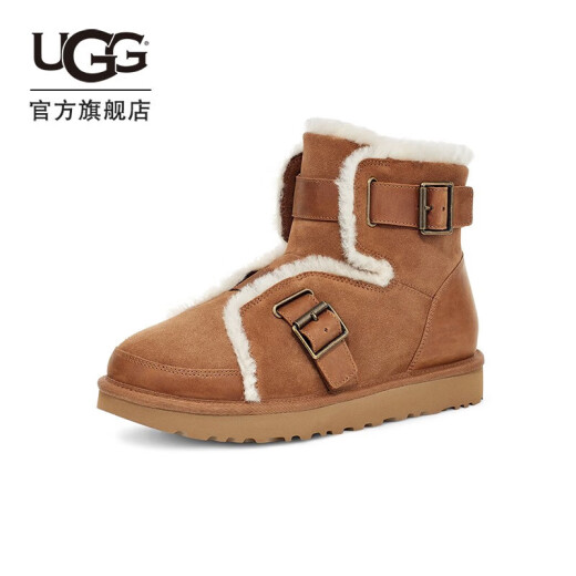 UGG秋季女士时尚舒适平底保暖纯色溢毛休闲搭扣短靴雪地靴1119431 CHE | 栗色 38