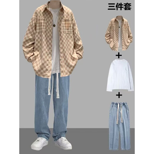 Traje de camisa a cuadros de manga larga de primavera y otoño VZVG para niños Hong Kong estilo guapo con jeans modernos de tres piezas SET A [3 piezas] 684 Camisa Caki + Long T + 5080 3xl