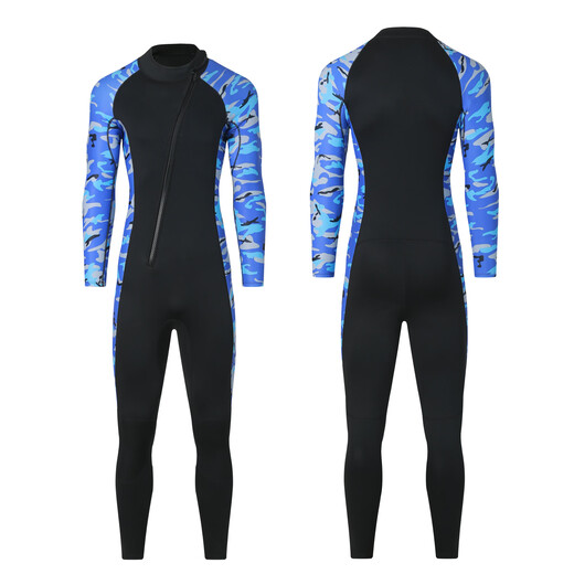Gumuni cross-border 3MM one-piece wetsuit for men in the sea, cold-proof wetsuit, warm swimsuit, snorkeling paddleboard surfing, 3mm camouflage blue hooded 4XL