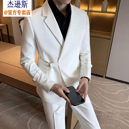 Jason's business suit men's high-end casual commuting formal design handsome young man's wedding small suit jacket white (suit + shirt + pants) L