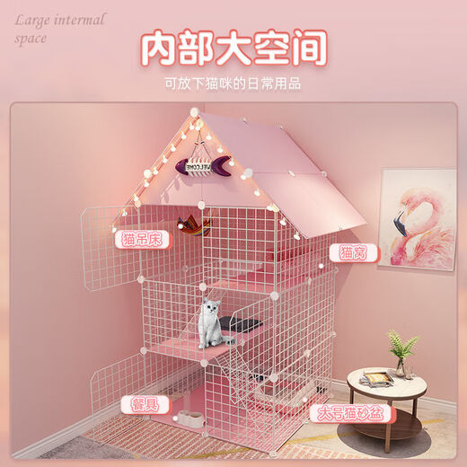 Cat Cage Home Indoor Cat Villa with Toilet Clearance Large Extra Large Free Space Small Cat Nest Cattery Three-story Small Bungalow + Princess Pink-Multi-layer Platform Exclusive Model Hardcover Model + Cat Litter Box + Dual-Purpose Cat Bowl