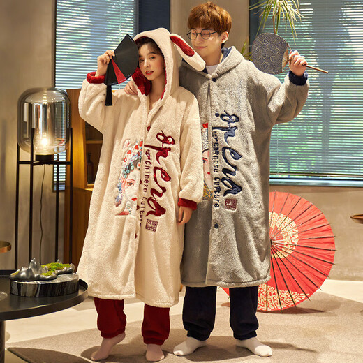 Palando Coral Fleece Couple Pajamas for Women in Autumn and Winter Long Sleeve Bathrobe Extended Men's Pajamas for Couples Can We Wear Home Suit Winter 9913 Women's XL Size