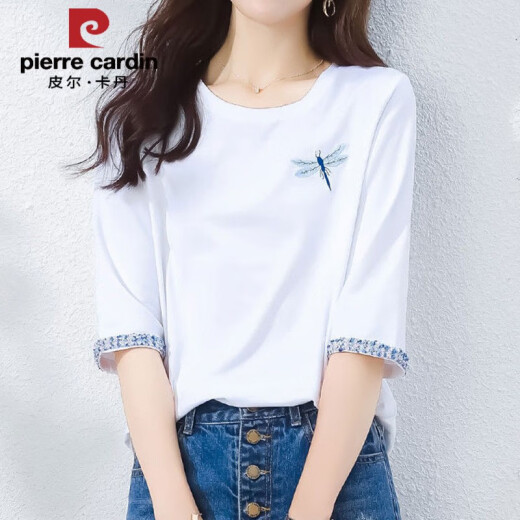 皮尔卡丹2025新款春秋纯棉七分袖t恤女士中袖宽松设计感青春短袖夏季上衣 W6161白色+W6172西柚红 M (建议80-105斤)