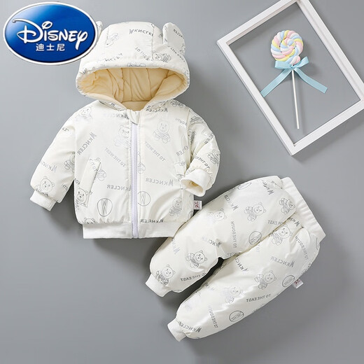 Disney baby winter new children's two-piece down jacket girls winter clothing cartoon baby plus velvet thick warm jacket D glossy cotton suit doll bear white 90