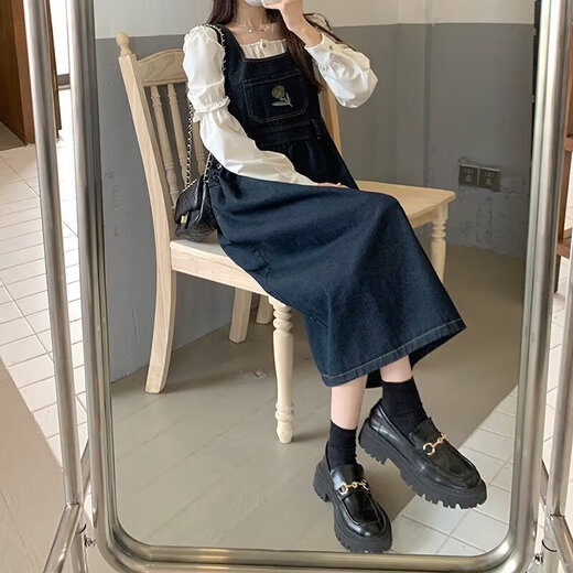 Retro age-reducing denim strap skirt for women spring and summer large size fat mm Korean style student cute embroidered suspender dress blue and gray [MY-8858] S