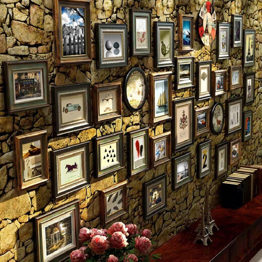 Vinoya Massivholzfoto Wandfoto Rahmen Wand amerikanische Wohnzimmer Sofa Hintergrund Wand Dining Bilderrahmen Dekorative Retro -Stil -Fotorahmen Kombination 6198 Modelle Modelle