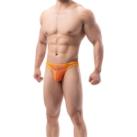 Captain Fearless Low Waist Sexy Stretch Tight Bottoming T Briefs Men's Mesh Breathable Slightly Transparent U Protruding Bag Thong Orange L